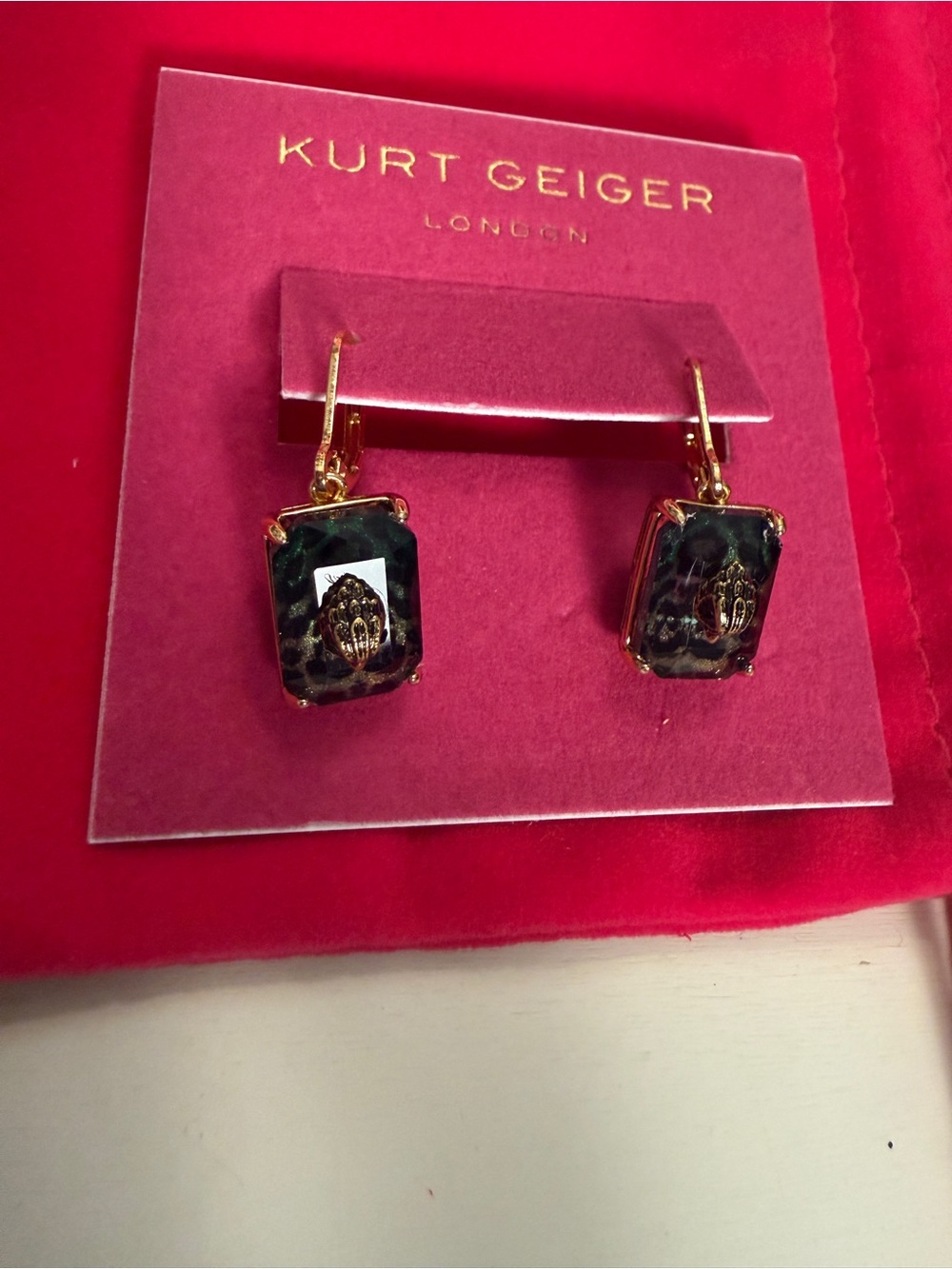 Kurt Geiger Green Leopard-Print Gold-Trim Drop Earrings - Picture 6 of 8